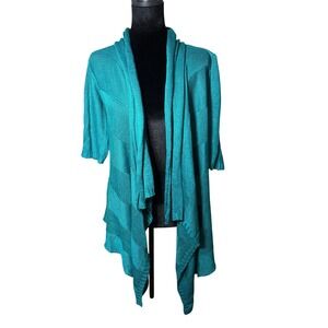 Eileen Fisher Teal Linen Silk Blend Open Front‎ Waterfall Cardigan Sweater Small